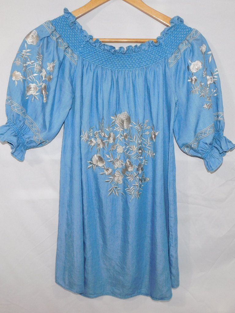 Linea Domani Blue Silver Embroidered Floral Off The Shoulder Dress Womens Xs